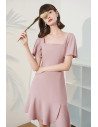 Simple Square Neckline Short Pink Party Dress Fishtail with Ruffles - HTX96039