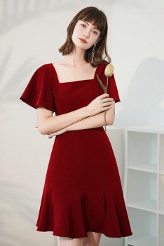 Trendy Square Neckline Simple Burgundy Party Dress with Ruffles Sleeves - HTX96041