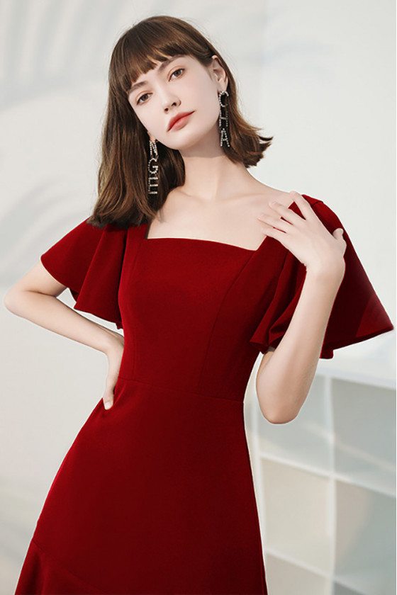 Trendy Square Neckline Simple Burgundy Party Dress with Ruffles Sleeves ...