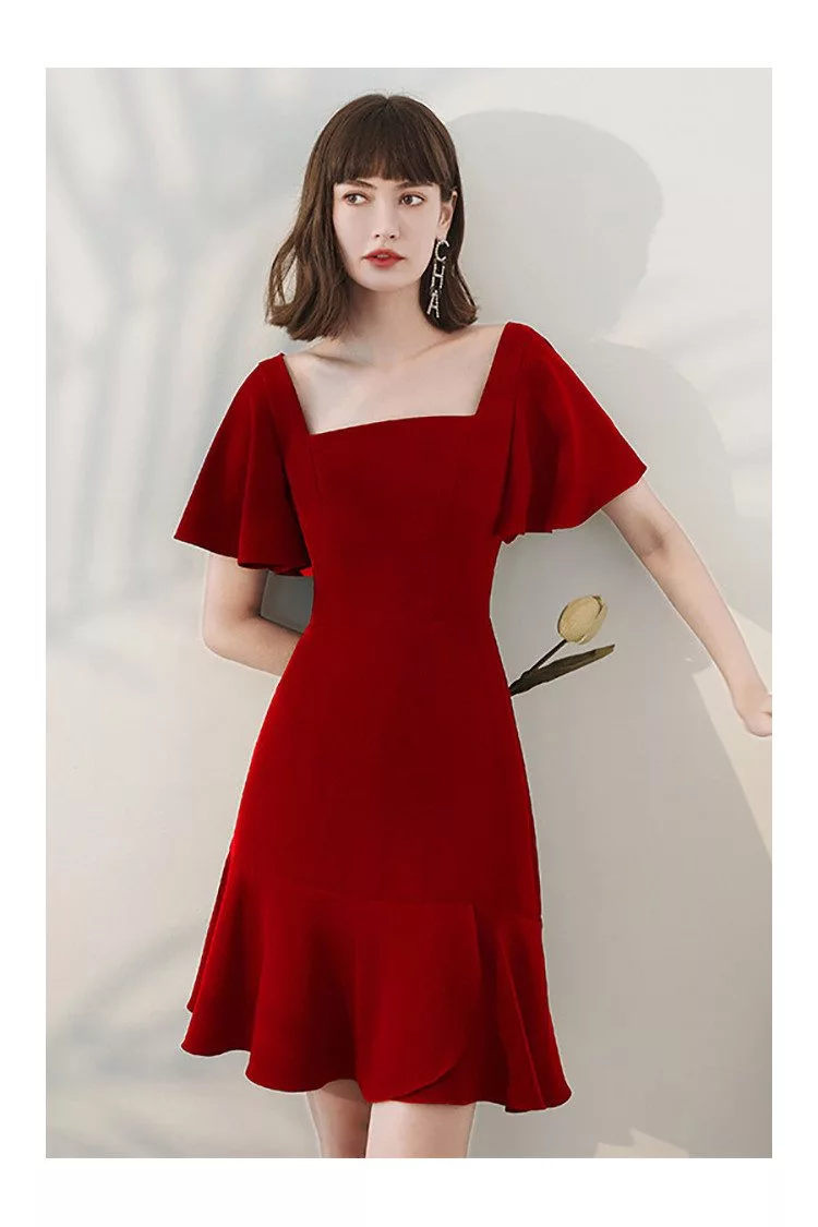 Trendy Square Neckline Simple Burgundy Party Dress with Ruffles Sleeves ...