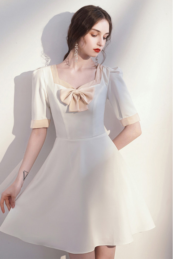 French Elegant White Aline Party Dress with Bow Knot Short Sleeves -  $69.9768 #HTX96052 - SheProm.com