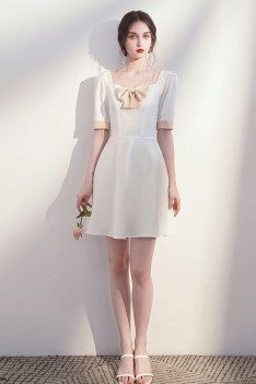 French Elegant White Aline Party Dress with Bow Knot Short Sleeves - HTX96052