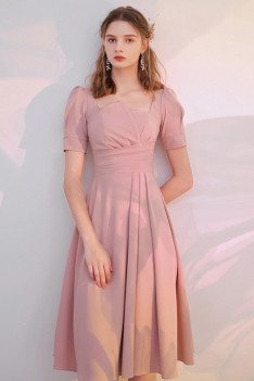 Elegant Pink Knee Length Short Sleeved Semi Party Dress with Ruffles - HTX96008