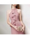 Elegant Pink Short Halter Party Dress Split Front with Ruffles - HTX96009