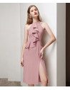 Elegant Pink Short Halter Party Dress Split Front with Ruffles - HTX96009