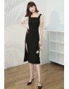 Elegant Square Neckline Sheath Party Dress Black with Bubble Sleeves - HTX96040