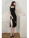 Elegant Square Neckline Sheath Party Dress Black with Bubble Sleeves - HTX96040
