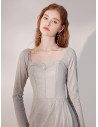 Elegant Bling Grey Ruffle Party Dress Sleeved with Square Neckline - HTX96022