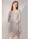 Elegant Bling Grey Ruffle Party Dress Sleeved with Square Neckline - HTX96022