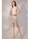 Champagne Sequined Short Homecoming Dress Bling with Long Sleeves - HTX96019