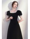 Romantic Lace Square Neckline Black Dress Knee Length with Bubble Sleeves - HTX96034