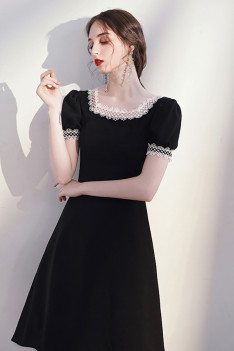 Romantic Lace Square Neckline Black Dress Knee Length with Bubble Sleeves - HTX96034