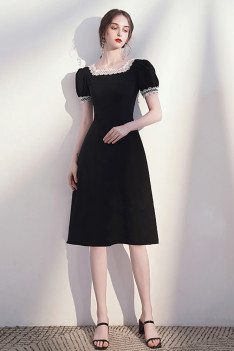 Romantic Lace Square Neckline Black Dress Knee Length with Bubble Sleeves - HTX96034