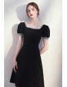 Romantic Lace Square Neckline Black Dress Knee Length with Bubble Sleeves - HTX96034