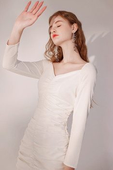 Pretty Slim Fit Little White Party Dress with Long Sleeves - HTX96025