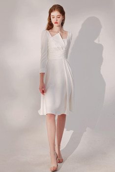 Elegant Pleated White Knee Length Party Dress with Sleeves - HTX96023