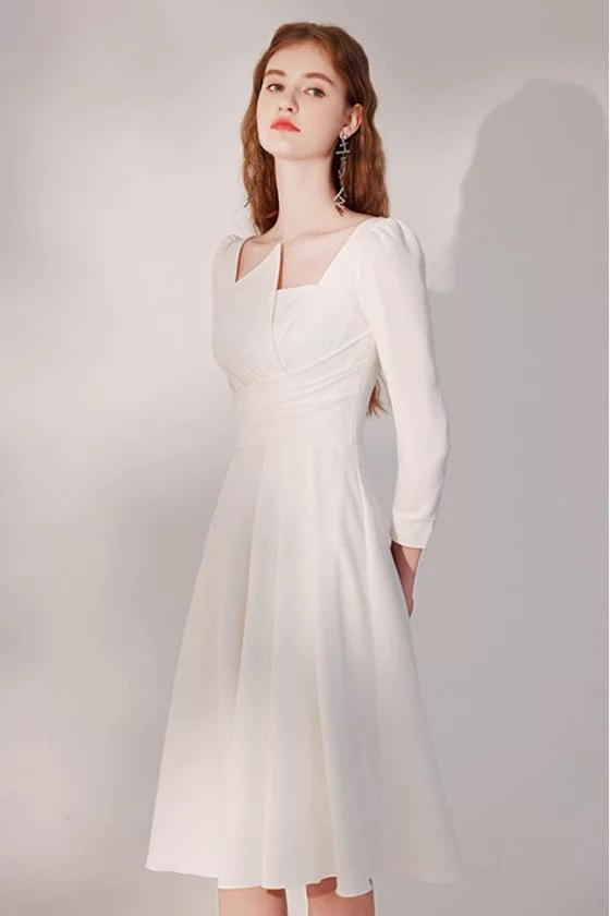 Elegant Pleated White Knee Length Party Dress with Sleeves - $74.9808  #HTX96023 - SheProm.com