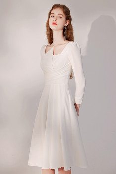 Elegant Pleated White Knee Length Party Dress with Sleeves - HTX96023