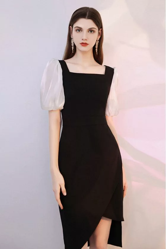 French Little Black Square Neckline Cocktail Dress with Bubble Sleeves ...