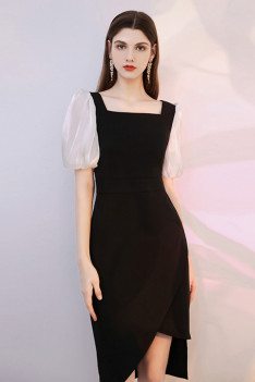 French Little Black Square Neckline Cocktail Dress with Bubble Sleeves - HTX96001