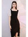 French Little Black Square Neckline Cocktail Dress with Bubble Sleeves - HTX96001
