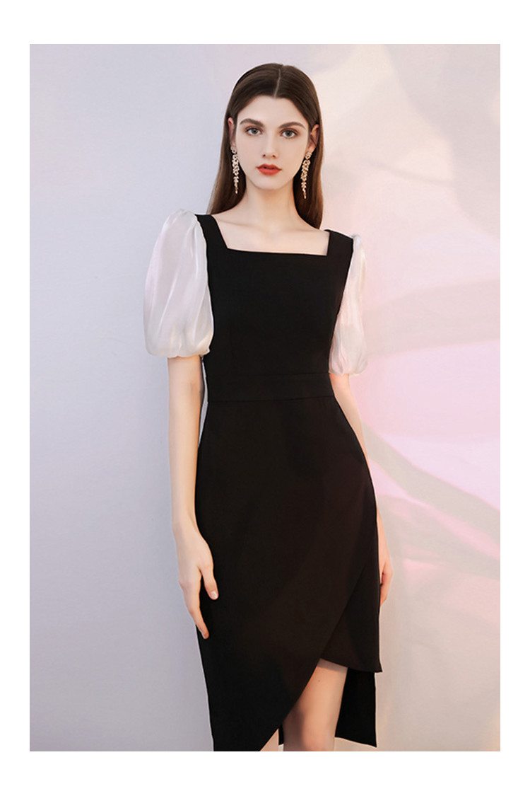 French Little Black Square Neckline Cocktail Dress with Bubble Sleeves ...