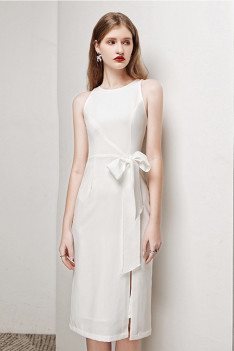 Elegant White Party Dress Sleeveless with Side Split Sash - HTX96014