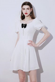 Cute Little White Flare Party Dress with Bow Knot Short Sleeves - HTX96007