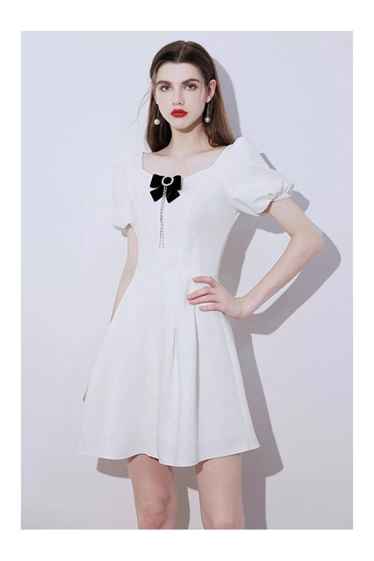 Cute Little White Flare Party Dress with Bow Knot Short Sleeves - $74. ...