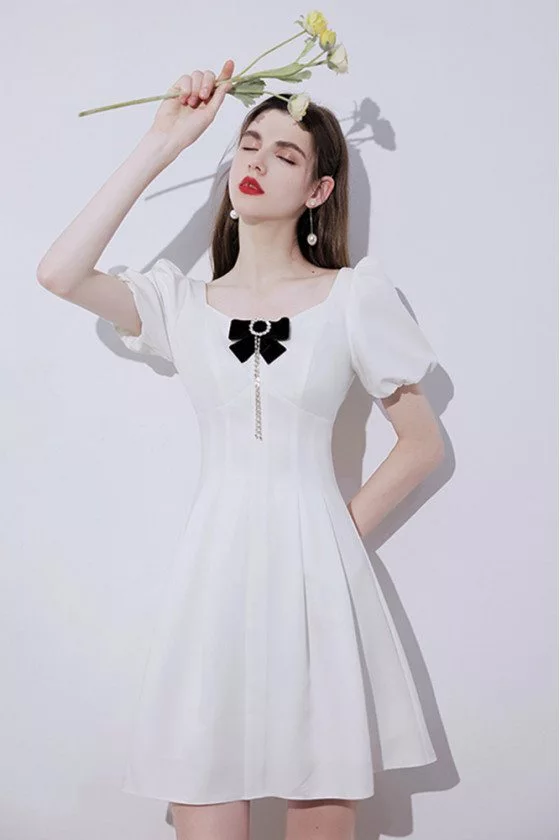 Cute Little White Flare Party Dress with Bow Knot Short Sleeves - $74.9808 #HTX96007 - SheProm.com Cute Little White Flare Party Dress with Bow Knot Short Sleeves - $74.9808 #HTX96007 - SheProm.com