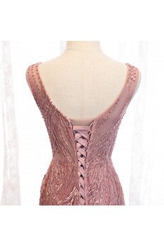 Pink Vneck Mermaid Fitted Prom Dress with Beaded Appliques - MX16011