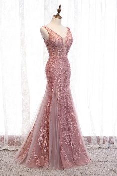 Pink Vneck Mermaid Fitted Prom Dress with Beaded Appliques - MX16011