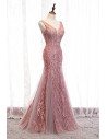 Pink Vneck Mermaid Fitted Prom Dress with Beaded Appliques - MX16011