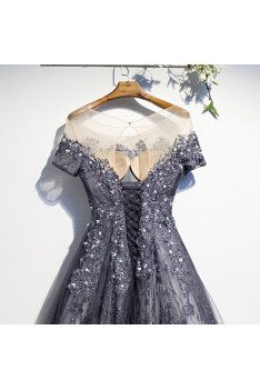 Popular Blue Sequined Tulle Prom Dress Aline with Illusion Sleeves - MX16005