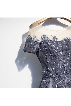 Popular Blue Sequined Tulle Prom Dress Aline with Illusion Sleeves - MX16005