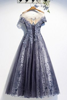 Popular Blue Sequined Tulle Prom Dress Aline with Illusion Sleeves - MX16005