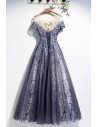 Popular Blue Sequined Tulle Prom Dress Aline with Illusion Sleeves - MX16005