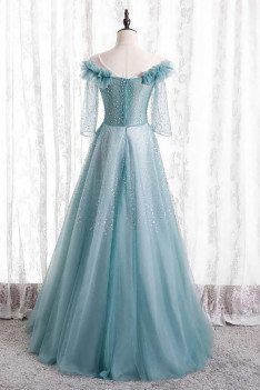 Beaded Long Tulle Gorgeous Prom Dress with Sheer Sleeves - MX16118