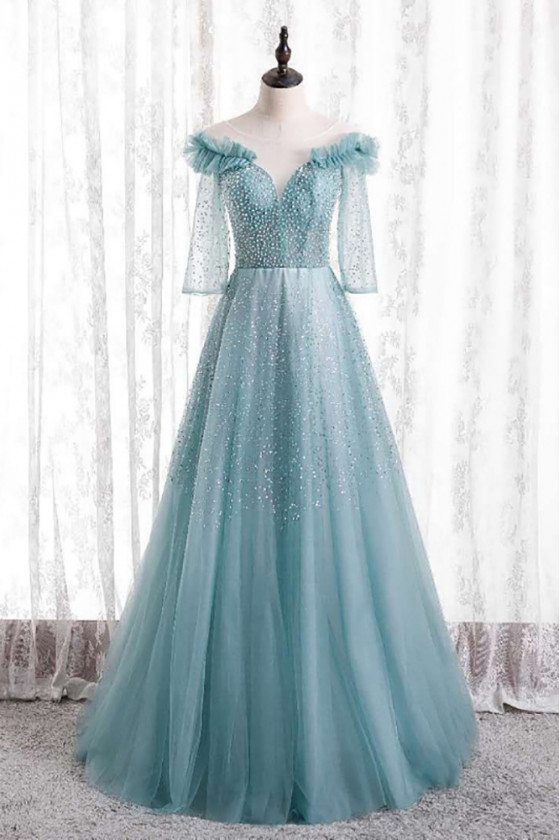 Beaded Long Tulle Gorgeous Prom Dress with Sheer Sleeves - MX16118
