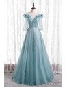 Beaded Long Tulle Gorgeous Prom Dress with Sheer Sleeves - MX16118