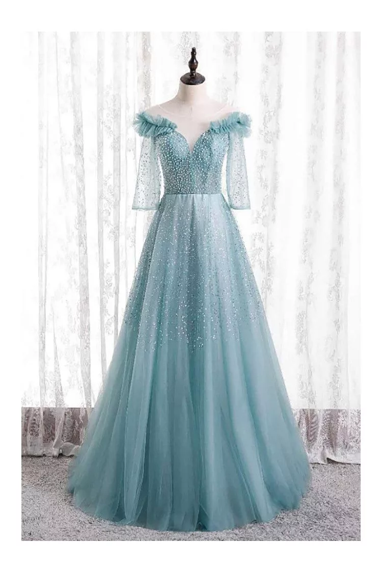 Beaded Long Tulle Gorgeous Prom Dress with Sheer Sleeves - $123.9768 # ...