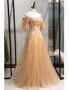 Long Tulle Champagne Beaded Prom Dress with Straps Appliques - MX16063