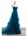 Simple Ink Blue Empire Long Formal Dress Tulle with Spaghetti Straps - MX16030