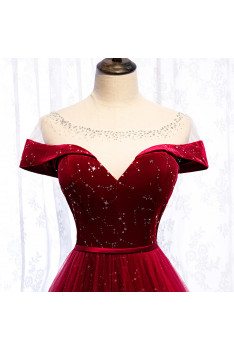 Burgundy Formal Long Prom Dress with Stars Illusion Neckline - MX16006