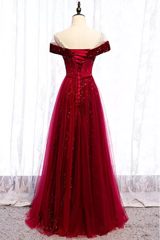 Burgundy Formal Long Prom Dress with Stars Illusion Neckline - $114.9768  #MX16006 - SheProm.com