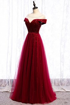 Burgundy Formal Long Prom Dress with Stars Illusion Neckline - MX16006