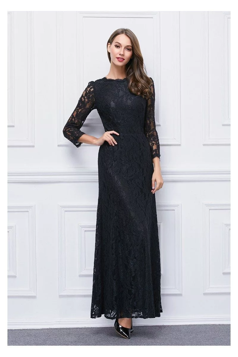 Black High Neck Lace Sleeve Long Formal Dress - $79 #CK314 - SheProm.com