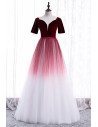 Burgundy White Ombre Tulle Special Occasion Dress with Short Sleeves - MX16069