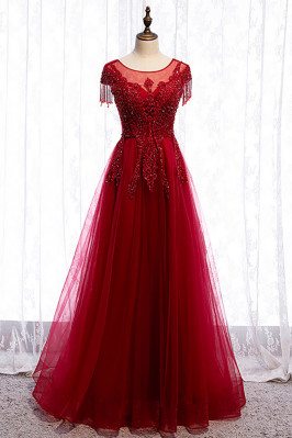 Modest Burgundy Aline Tulle Formal Dress Round Neck with Appliques - MX16021