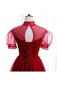 Burgundy Sequined Prom Dress Illusion Neckline with Bling Sleeves - MX16026
